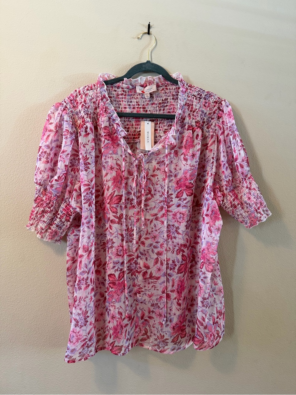 Philosophy NWT Floral Smocked Blouse 3X Pink Purple